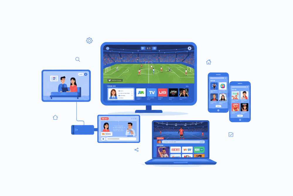 FlexStream IPTV works on Smart TV, phone, tablet, laptop, and streaming devices