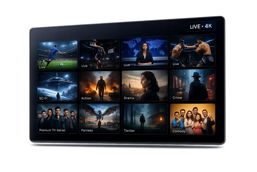 Watch live TV, sports, and movies in 4K with FlexStream IPTV FlexStream IPTV IPTV interface showing live sports, news, and 4K movie channels on a Smart TV